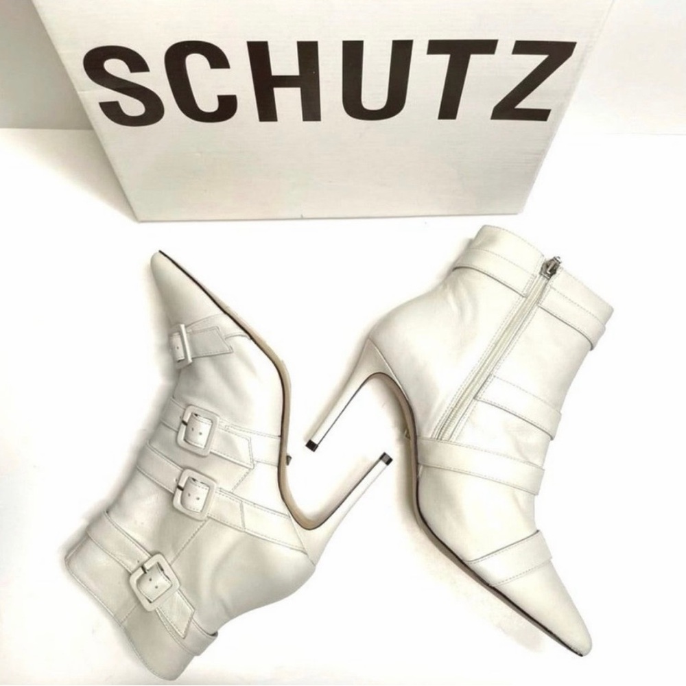 Schutz White Leather Ankle Boots